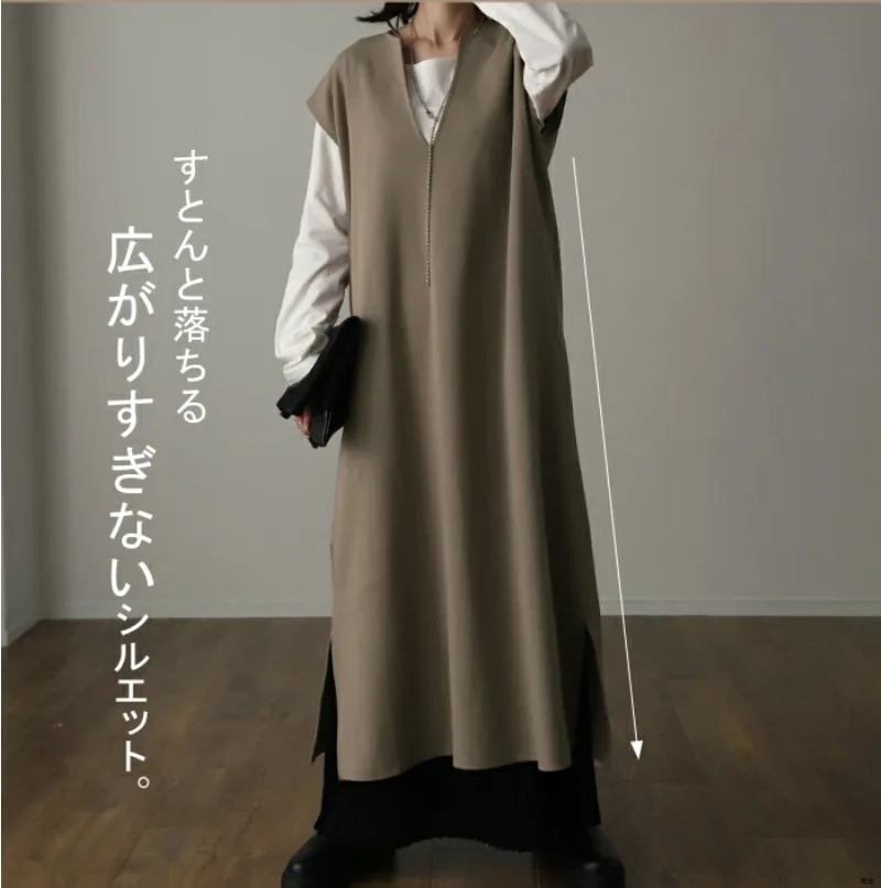 

2023 Autumn Winter New Sleeveless Wool Vest Dress Wool Knit Split A-line Slim Maxi Dresses Ladies Sexy V-Neck Long Coat Vest
