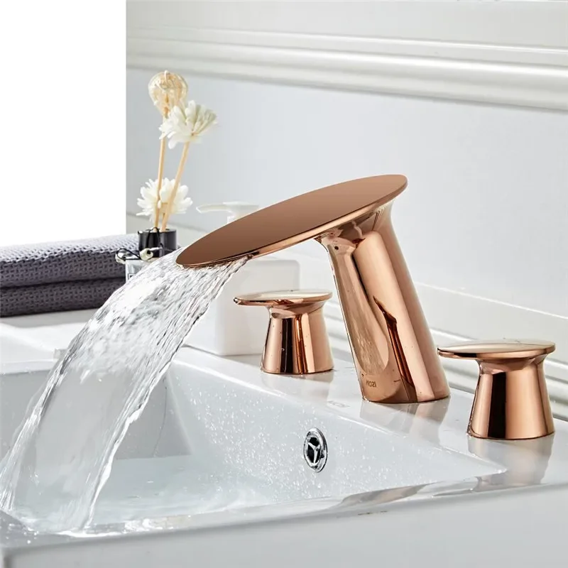 Basin Faucet Brushed Gold Bathroom Sink 3 Hole Widespread Rose Gold  Mixer Hot And Cold Gold Waterfall Tap New