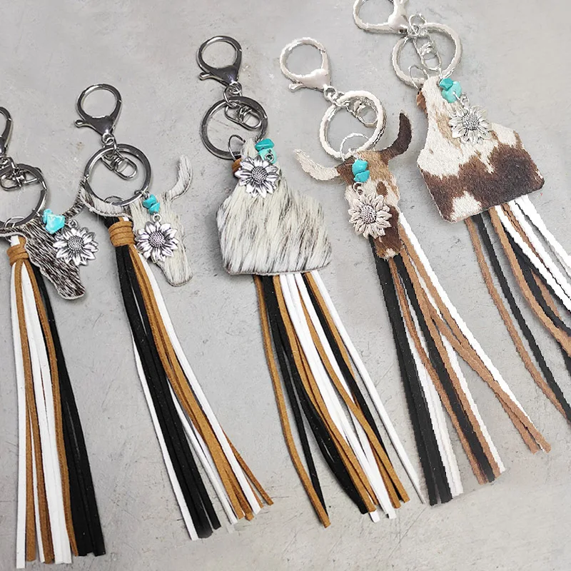 

Cross Border Tassel Leather Key Ring Western Style Key Ring Lobster Ring Ox Head Genuine Fur Key Ring Retro Pendant