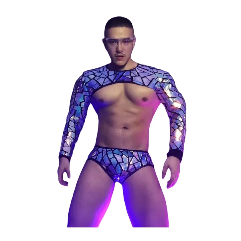 

Men Dancer DJ Pole Dancing Costume Bar Nightclub Party Sexy Stage Wear Purple Blue Laser Mirror Top Shorts Outfit Sequin Clothes