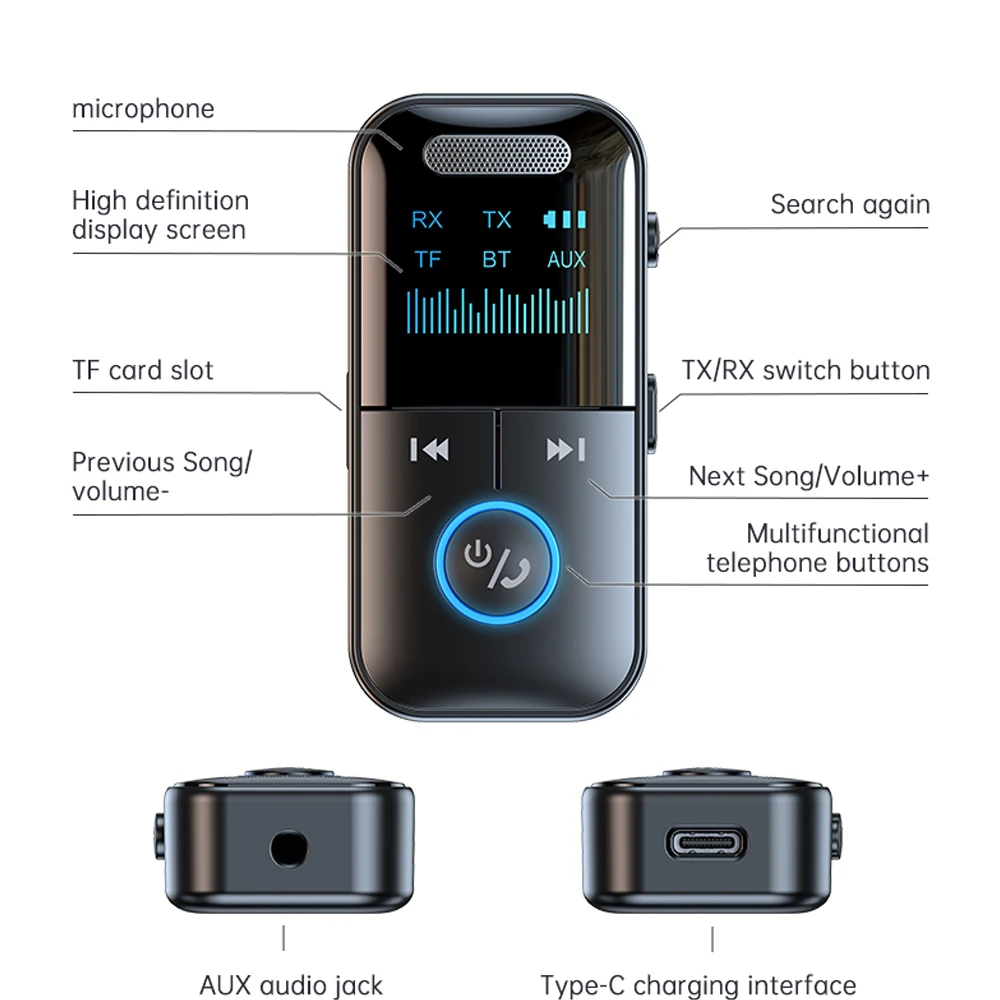 Wireless Bluetooth Adapter Transmitter Receiver Audio Car Music Headphone Speaker 200mA Battery Support TF Card