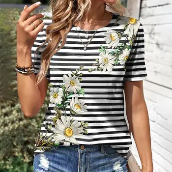 T-shirt con stampa 3D a strisce di fiori T-shirt floreale da donna estiva T-shirt casual a maniche corte con o-collo Y2k Top Harajuku Abbigliamento femminile 1