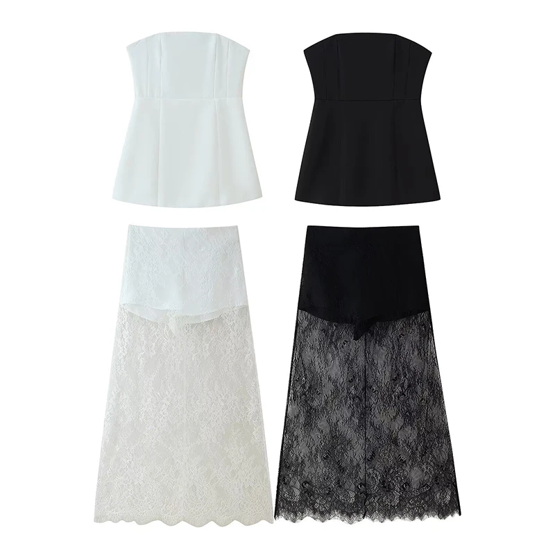 2025 Elegant Tube Top Lace Long Skirts Two Piece Sets Women Short Tops See Through Skirt Summer Chic Party Woman Outfits