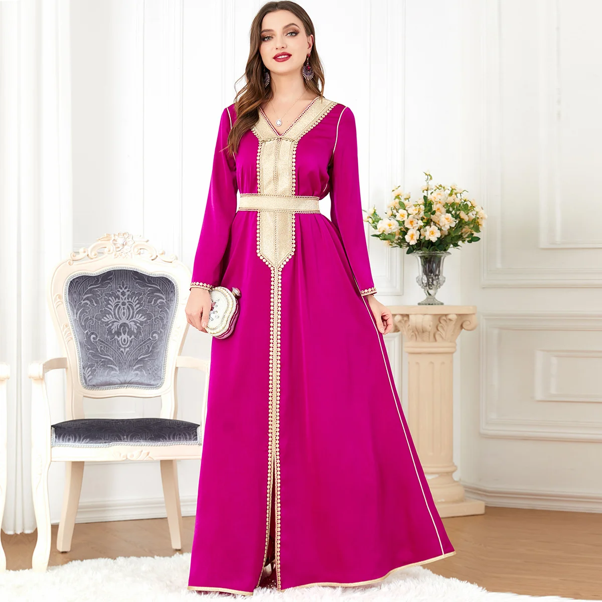

New Muslim Dress 2023 Arab Decal Casual Fashion Women's Dress Dubai V-neck Long-sleeved Slit Slim Belt Dress
