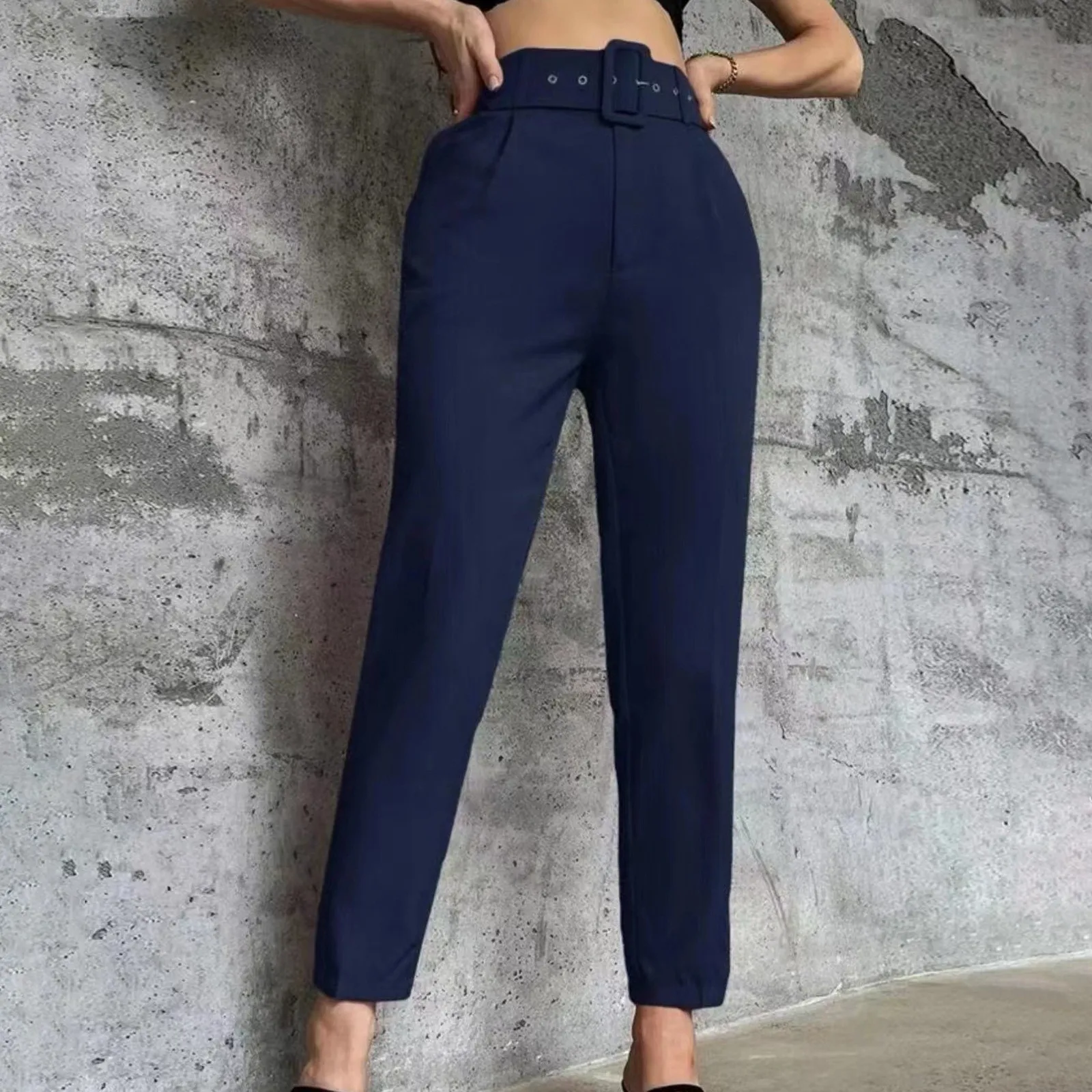 

Women's Summer Solid Straight Leg Pants High Waist Slim Comfortable Casual Trousers Office Lady Belted Cropped Pants Streetwear