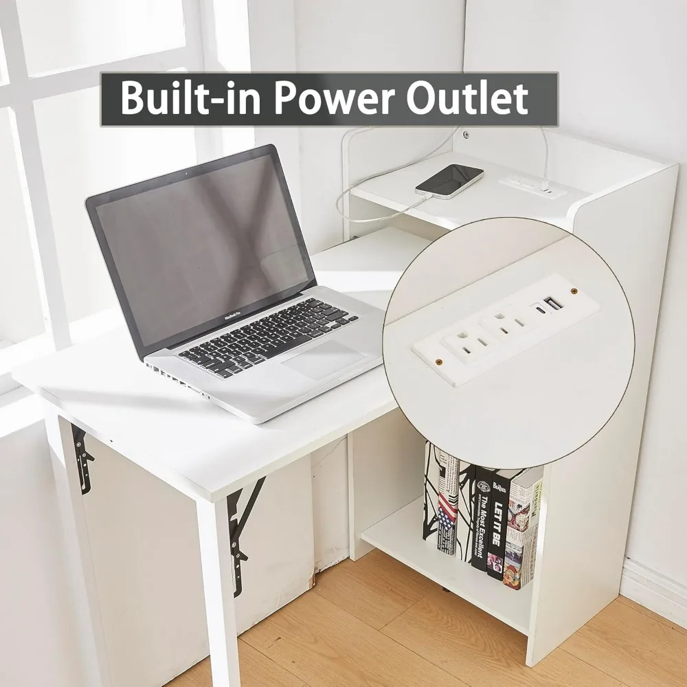 Space-Saving Foldable Desk with Storage and Integrated Outlet for Compact Home Offices and Bedrooms