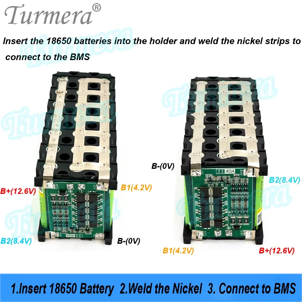 표시기가 있는 Turmera 12V 배터리 보관함 3X7 18650 배터리 홀더 40A 밸런스 BMS 납산 배터리 교체용 니켈 용접