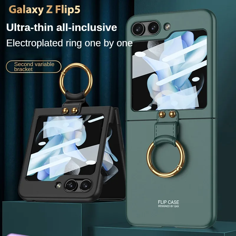 

For Samsung Galaxy Z Flip 5 Case Ultra-thin Skin-friendly Matte Ring Bracket Folding Shockproof With Mirror Film Cover Accessory