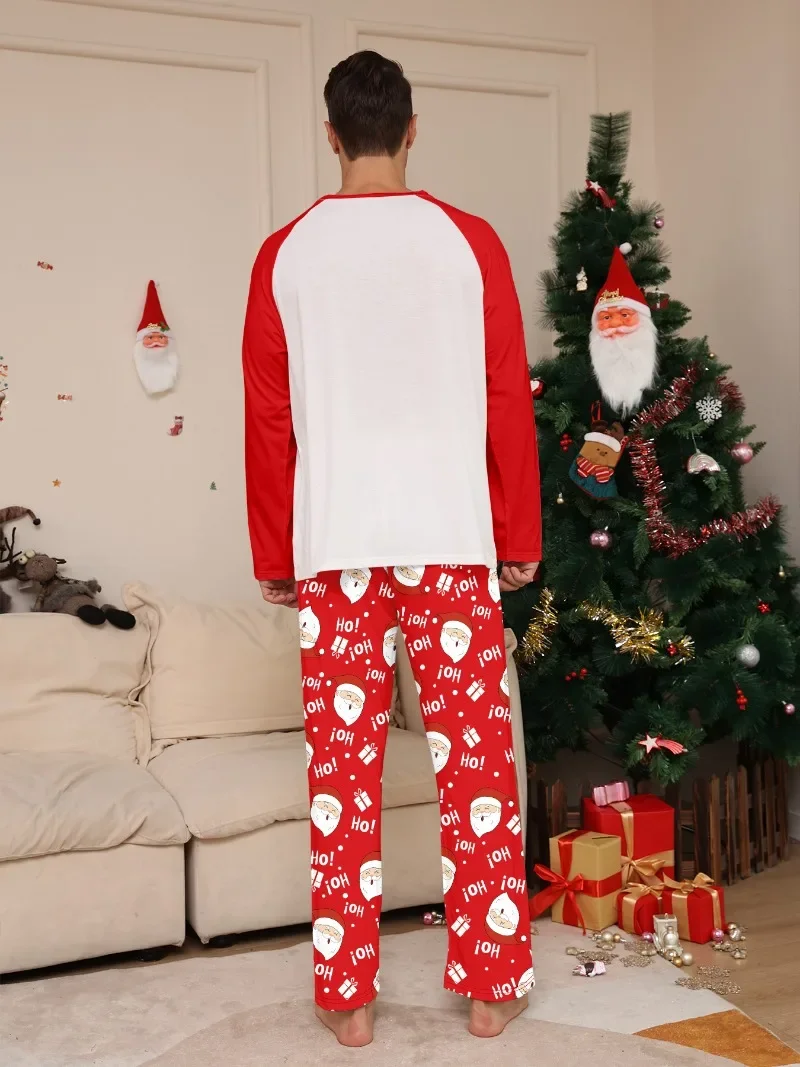 thumbnail image 5 of Conjunto de pijama con mangas raglán y estampado de letras HO de Papá Noel para la familia para Navidad, ropa para el hogar para padres e hijos en rojo y blanco, 5 of 5