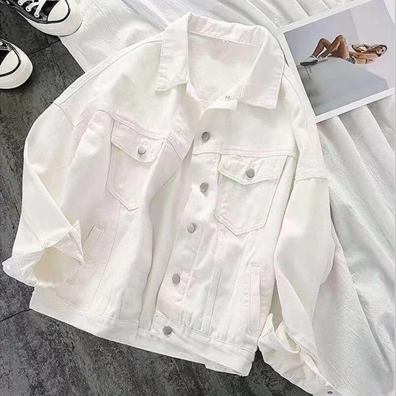 

New Denim Jacket Women Clothes Autumn Loose Denim Jackets Black White Jeans Coat Turn-down Collar Outwear Woman Bomber Jackets