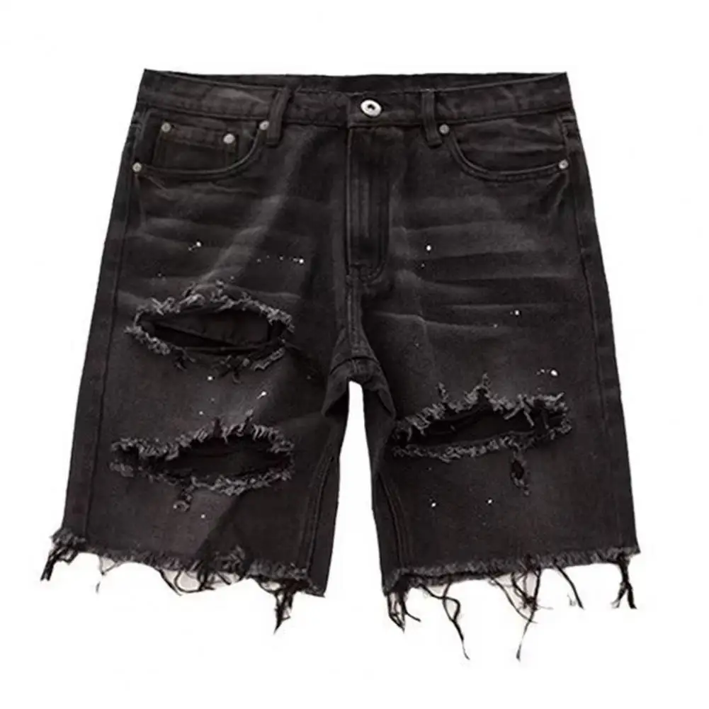 Men Summer Distressed Denim Shorts Button Zipper Fly Multi Pockets Short Jeans Straight Fit Ripped Holes Knee Length Distressed 4