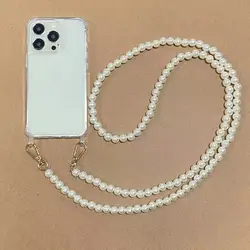 Luxurious Leather Bracelet Strap Crossbody Lanyard Phone Case with Chain - 120 CM for iPhone 12 (Pearl chain)
