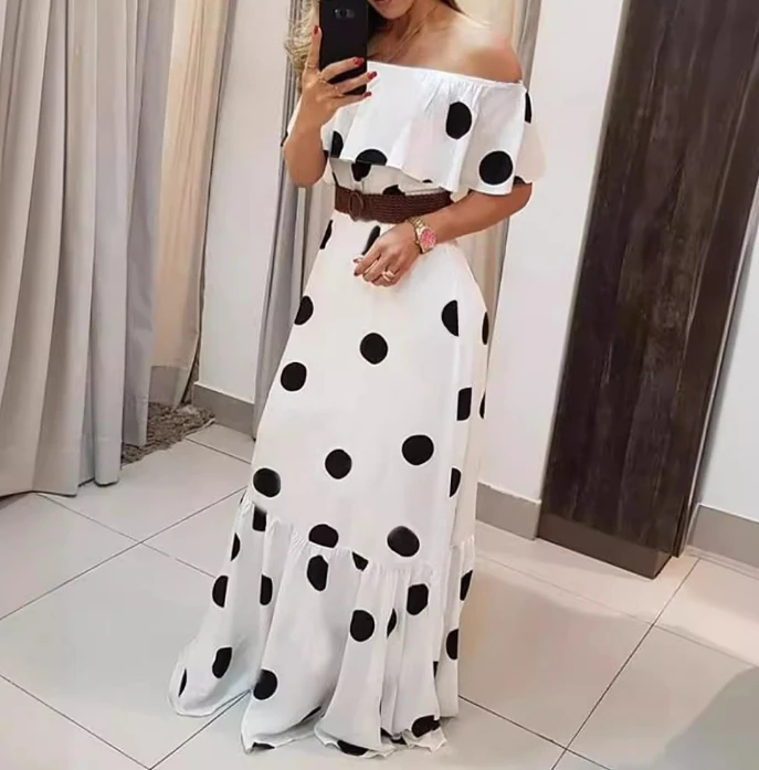 

Polka Dot Print Party Dresses for Women Elegant High Waist Long Skirt Spring Summer Fashion White Wrapped Sleeves Casual Dress