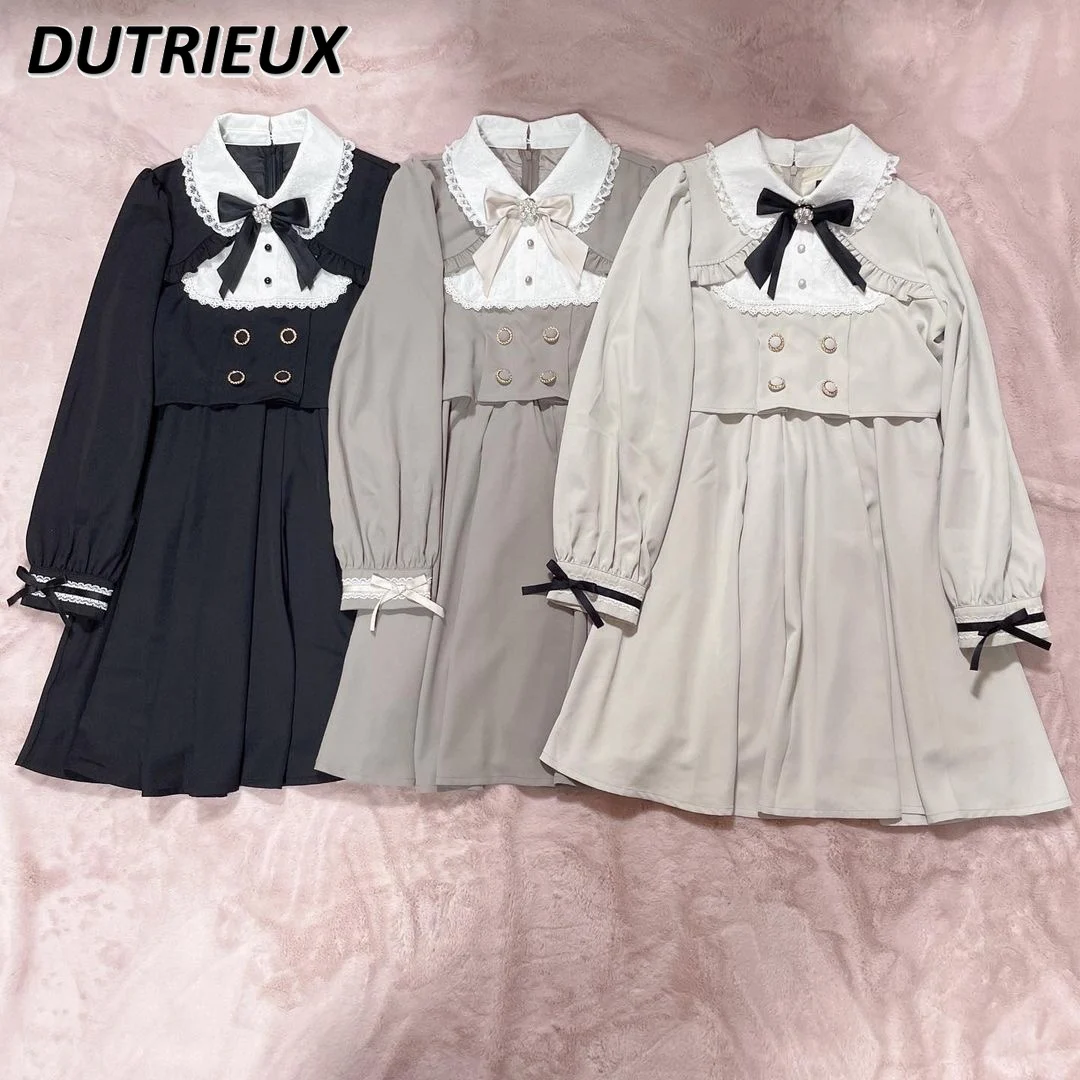 

Japanese Style Rojita Kawaii Long Sleeve Dress Girl's Mine Layered Autumn and Winter New Fresh Sweet Lapel Short Dresses