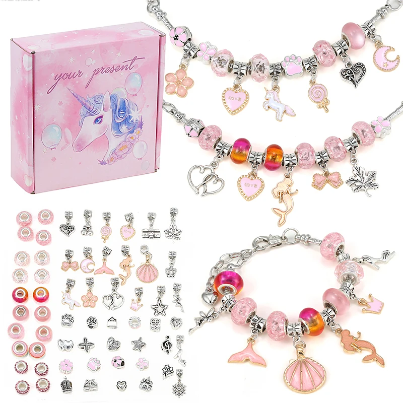 64 Pieces Pink Unicorn and Mermaid Charms Making Kit Charm Kids Bracelet  Gift Alloy Bead Set DIY Kids Bracelet Direct sales - AliExpress