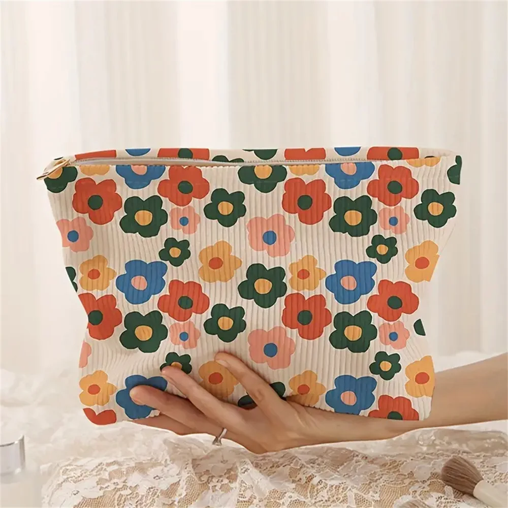 Floral Printed Corduroy Makeup Bag Black Lightweight Zipper Makeup Storage Box Multifunctional Cosmetic Bag With Lining