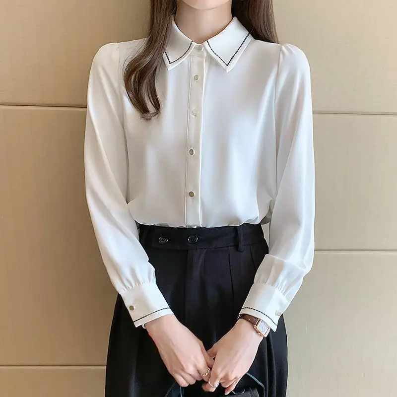 White Chiffon Shirt Women's Long Sleeve Youth Button Patchwork Office Blouse Spring Autumn New Solid Fashion Korean Clothing