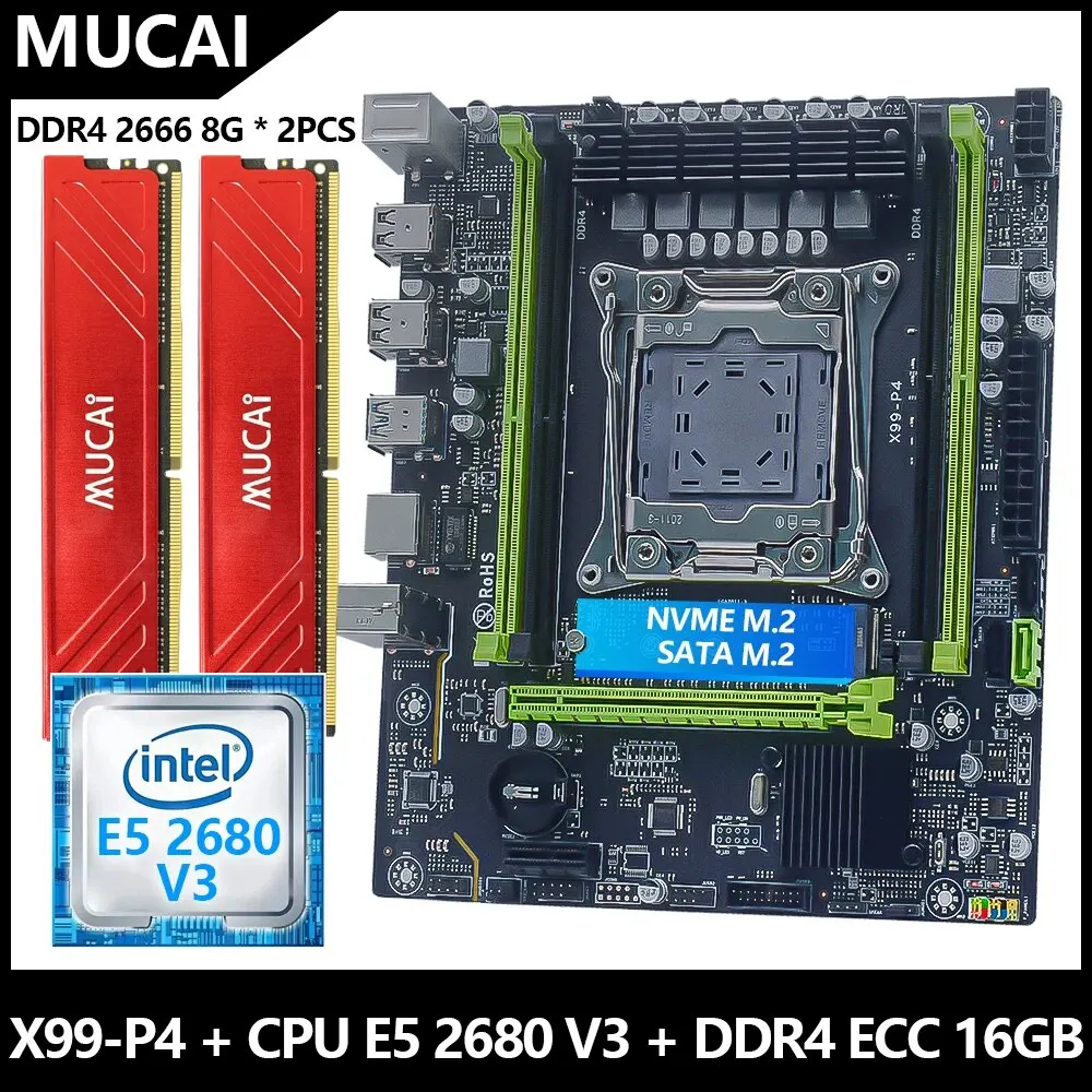 MUCAI 마더보드 LGA 2011-3 키트 세트, 인텔 제온 E5 2680 V3 CPU 프로세서 및 DDR4 16GB(2*8GB) 2666MHz RAM 메모리, X99 P4 