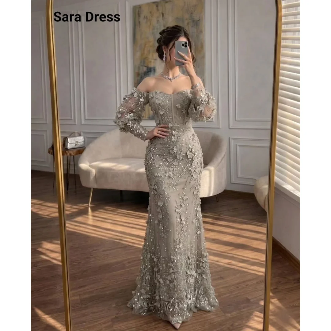 فستان سهرة سارة مخصص بتصميم ذيل السمكة وياقة على شكل قلب مع دانتيل وزهور، فستان سهرة فاخر وأنيق للنساء لعام 2026، فستان حفلات للسيدات