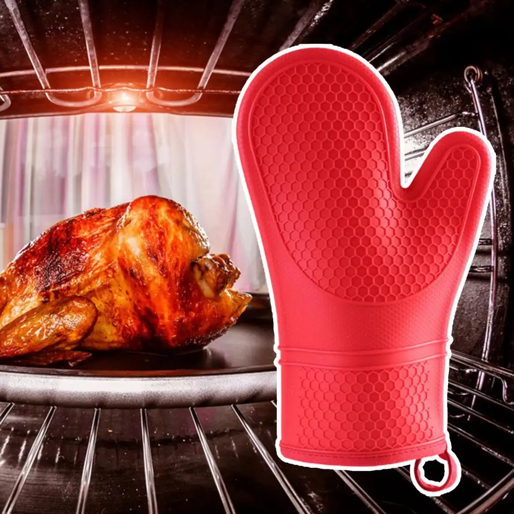 1Pc Premium Kitchen Mittens Reusable Silicone Oven Mitts Heat Insulation Anti-scalding Kitchen Microwave Anti-hot Mittens