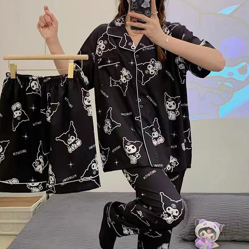 

New Sanrio Pajamas Three-Piece Set Kuromi Summer Short-Sleeved Trousers Shorts Suit Cardigan New Spring and Autumn Home Clothes