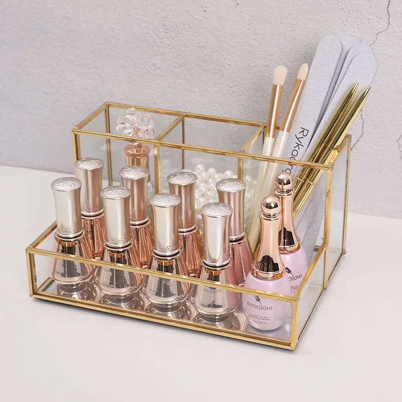 

Lipstick Makeup Glass Tools Organizer Bathroom Golden Edge Cosmetic Organizer Pencil Box Organizer Perfume Covered With Makeup