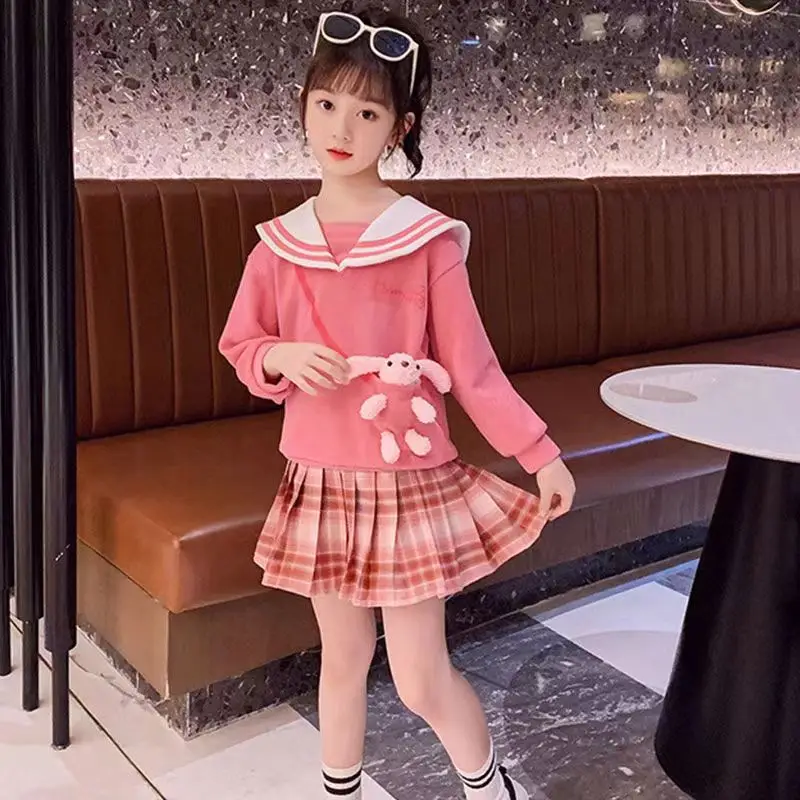 

Girl's Short Skirt Suit 2023 Spring And Autumn New Children's College Hoodie Girl Princess Casual Plaid Group Two-Piece Set