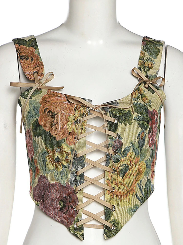 Vintage Floral Print Corset Top Women Sexy Hollow Out Lace