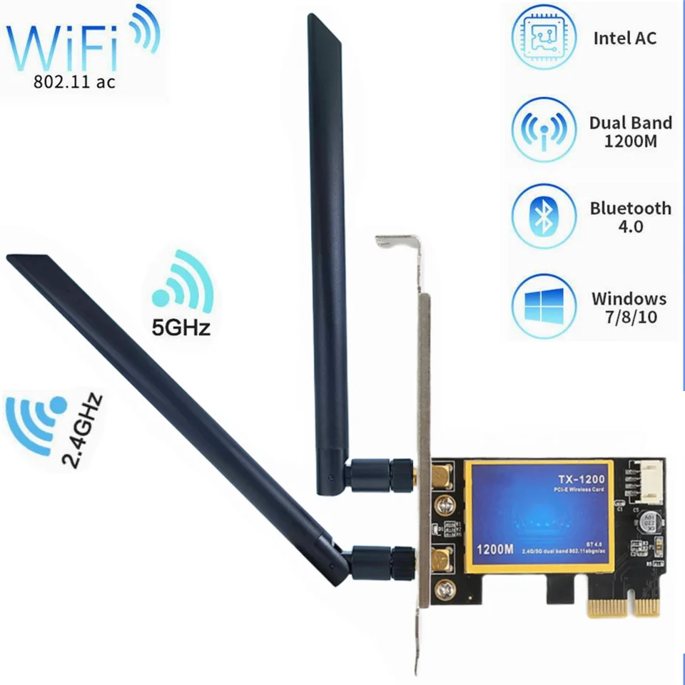 Scheda WiFi PCIE 1200Mbps Dual Band 2.4/5GHz Con Bluetooth 4.0, Adattatore Di Rete 867Mbps Per PC, Antenne WiFi, Supporta 802.11ac - 2