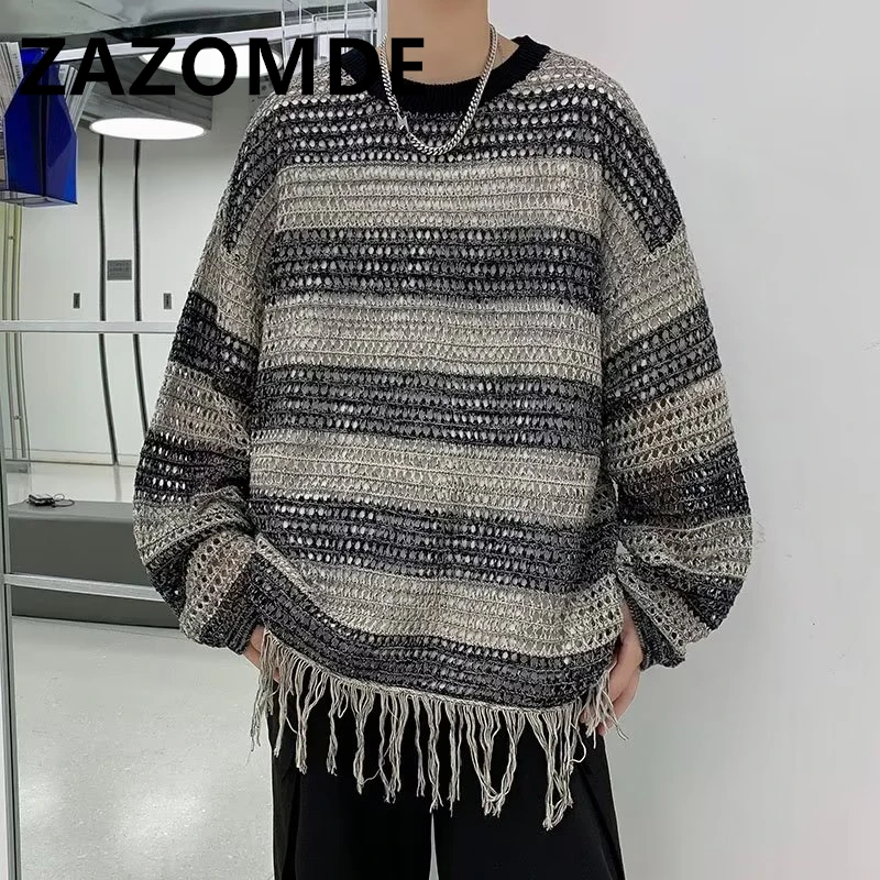 Vintage Knitted Sweater Men Women Harajuku Cotton Pullover Gradient Damaged Sweater Autumn Loose Knitwear Hole Tops Unisex 2023