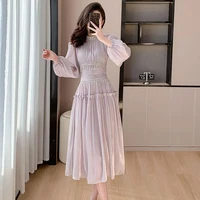 فستان نسائي بياقة قائمة من الأورجانزا ، فستان متوسط الطول ضيق ، شرابة ماسية ، كشكشة ، أكمام منفوخة ، مصمم فرنسي ، موضة فاخرة ، ربيع 1