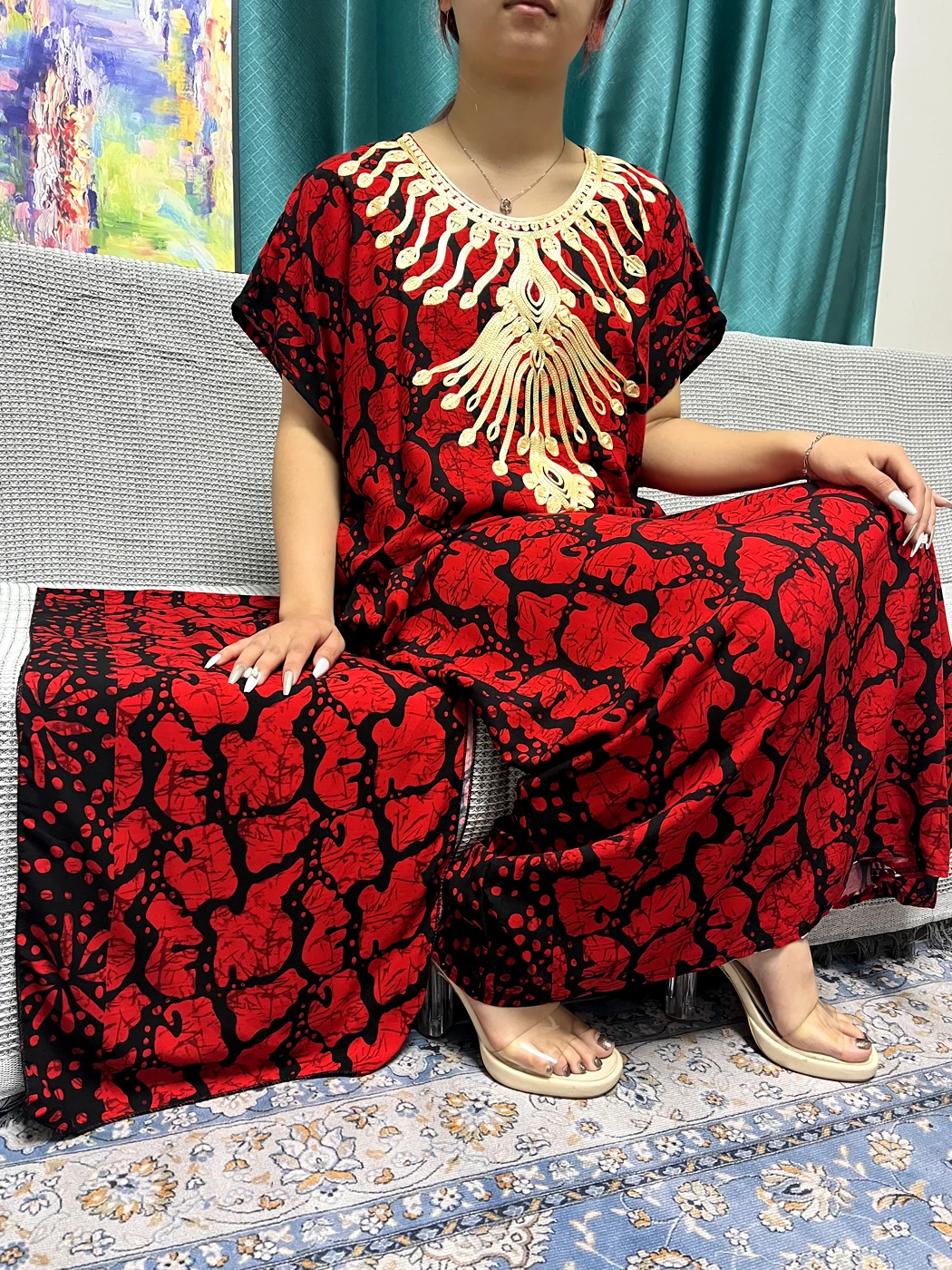 Abayas For Women 2023 Dubai Printed Floral Cotton Musilm Sets Loose Fit Femme Robe African  Nigeria Appliques Dress With Turban