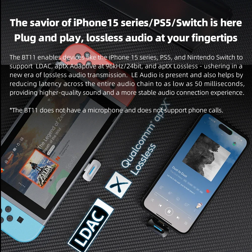 Bluetooth Transmitter FiiO BT11 Type-C Bluetooth 5.4 Mobile Game Player Wireless Headphone LDAC/AptX Adaptive/Low Latency