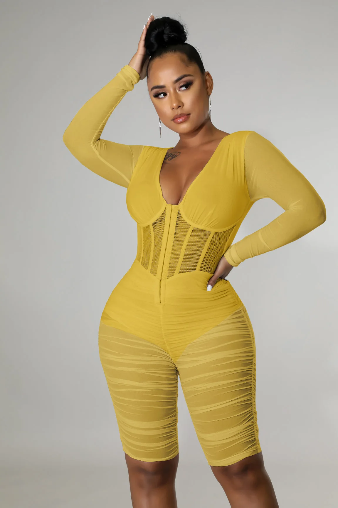 Mesh See Though Patchwork Ruched Stacked Zipper Fly V-neck Long Sleeve Knee Length Jumpsuit for Women 2022 Summer INS solid ruched bodycon jumpsuits for women zipper up long sleeve sexy sheer mesh rompers midnight clubwear party sheath outfits