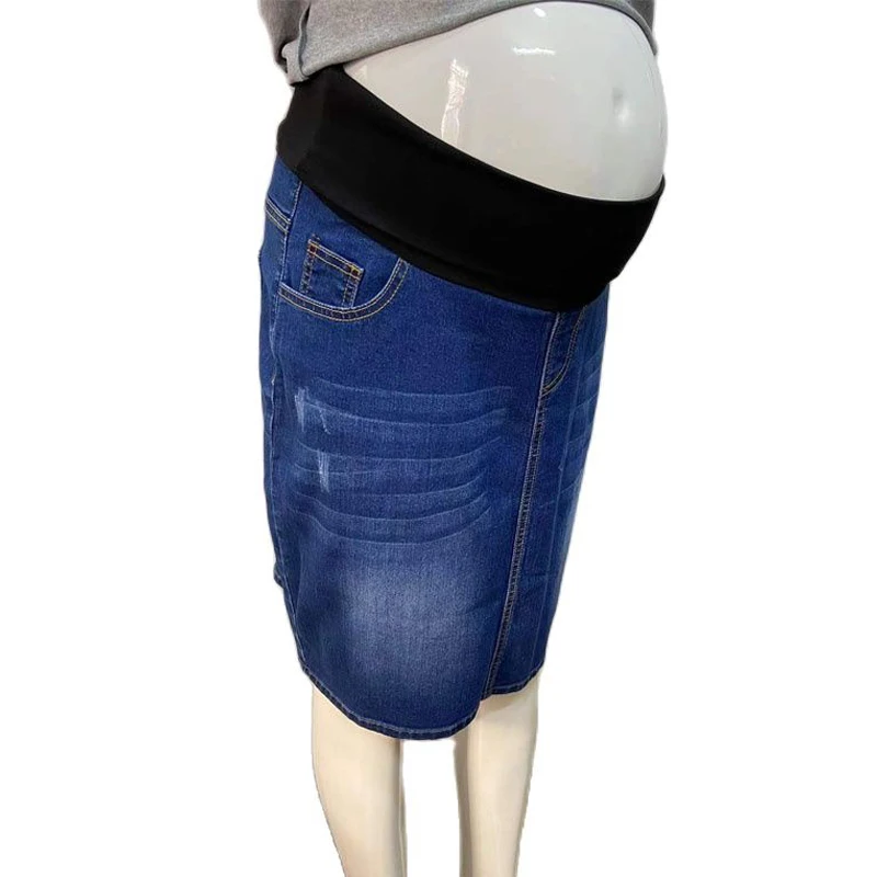 Emotion Moms Women Maternity Denim Skirt High Waist Good Stretch Foldable Waist Band Pregnant Jean Skirt Plus Size S to 4XL