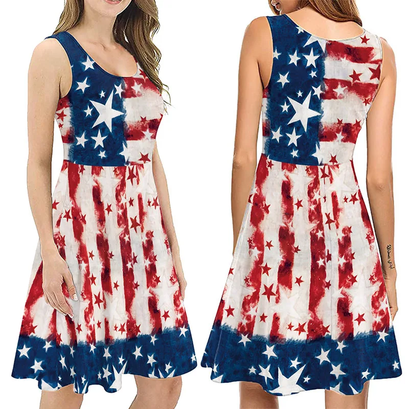 

Color Cosplayer Independence Day Sundress for Women Crewneck Dress Holiday Party Robe Adult Clothing Carnival Halloween Costume