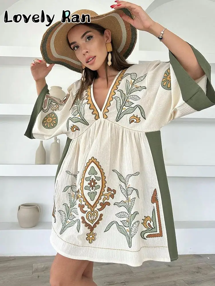 Fashion Linen Embroidery Floral Dress Women Ethnic Flare Sleeve Beach
