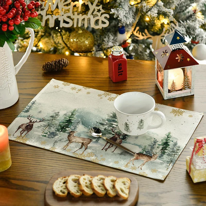 4Pcs Christmas Tree Elk Placemat Linen Dining Table Mats Coaster Bowl Coffee Cup Pad Mat 2024 Navidad Home Kitchen Decoration