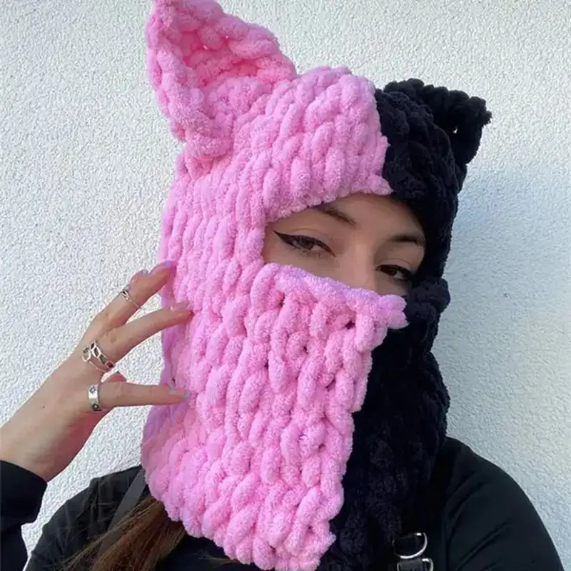 Combhasaki Women's Y2K Hooded Scarf Hats Cute Animal Ears Knitted Pullover Balaclava Winter Warm Beanie Cap for Cold Weather 6
