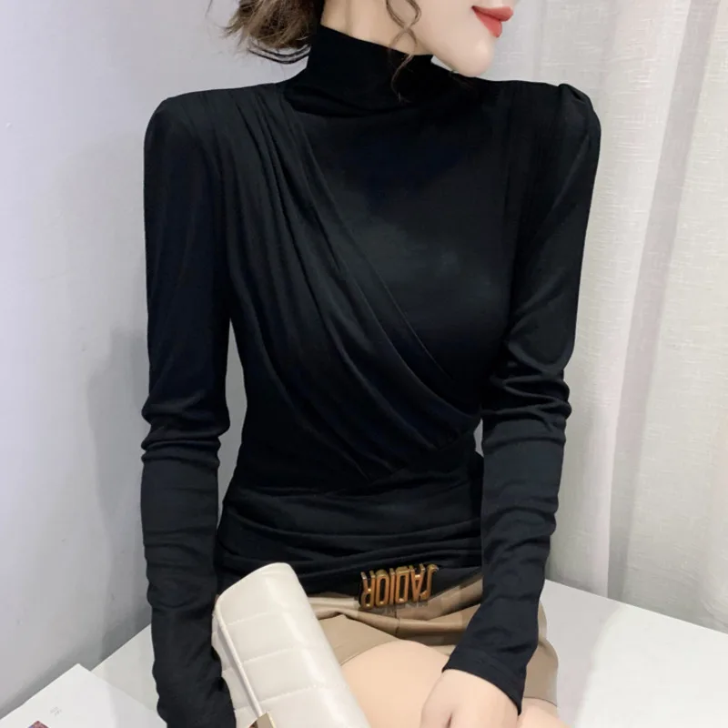 

#8279 Turtleneck T Shirt Women Solid Color Office Tight Irregular T-shirt Ladies Long Sleeve Elastic Cotton Slim Autumn Winter