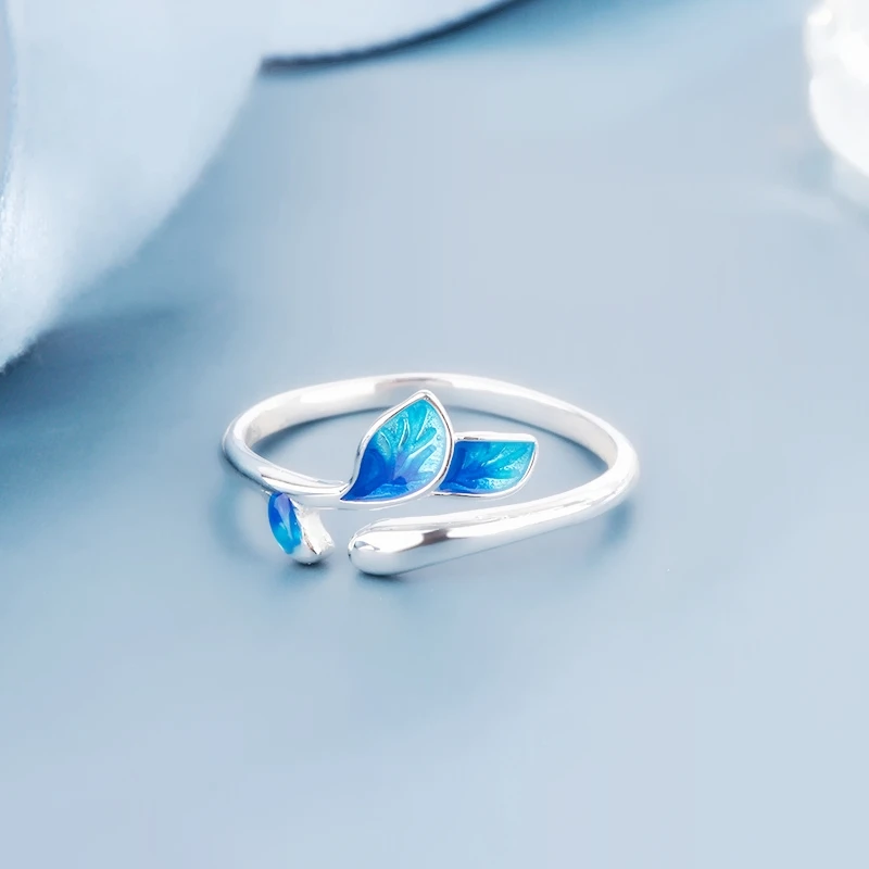 Silver Rings Female Resizable Opening Leaves Branches Enamel