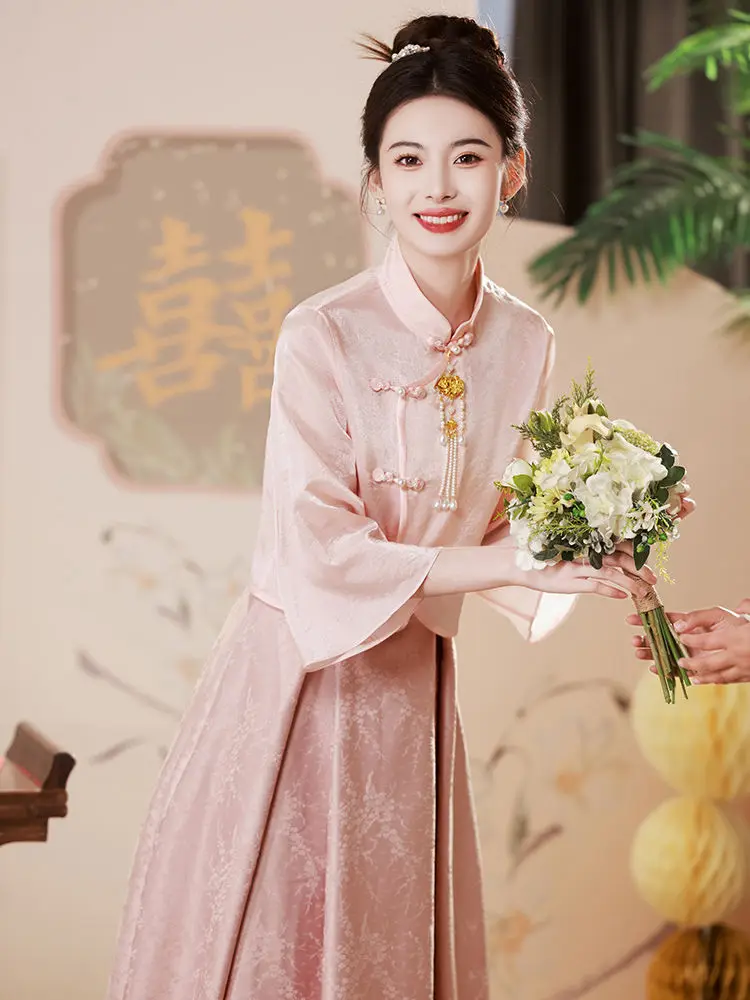 

Harajpee New Chinese Style Cheongsam Toasting Attire Bride 2024 New Back Door Banquet Engagement Dress Female Petite Vestido