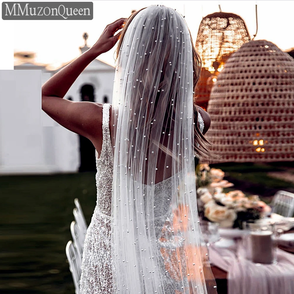 

MMQ M61 Beaded Bridal Wedding Veil with Comb 1 Tier Tulle Civil Bride Accessories Waist Length Pearls Veils for Girlfriend