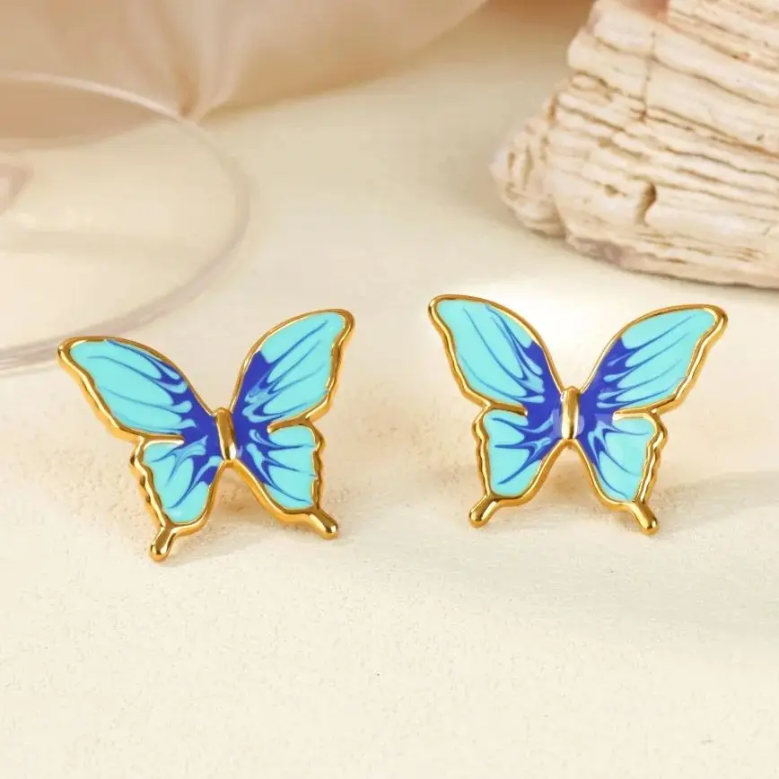 Zircon Butterfly Earring For Women Gold Color Stainless Steel