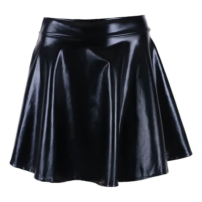 Speerise Metallic Skater Skirt Mini Faux Leather Shiny Spandex Green Night Club Party Ballroom Dance Sexy Costumes Wet Look