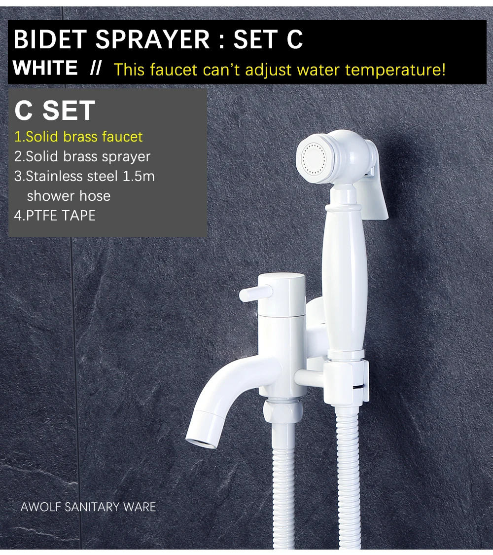 Description Picture 6 of itemAwolf White Bidet Faucet Handheld Toilet Bidet Sprayer Set Solid Brass Filling Valve Shattaf Douche Kit Toilet Washer Tap AP2300