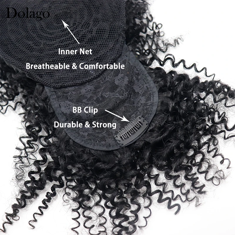 Afro Kinky Curly Ponytail Human Hair Pieces For Women Natural Black Clip In Ponytails With Bangs Drawstring Dolago Products