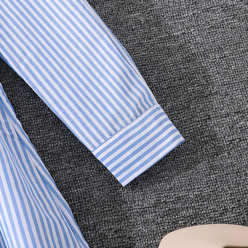 فستان الربيع والخريف للفتيات بعمر 8-12 سنة، ياقة قميص مخططة باللونين الأزرق والأبيض، فستان طويل أنيق يشبه اليومي