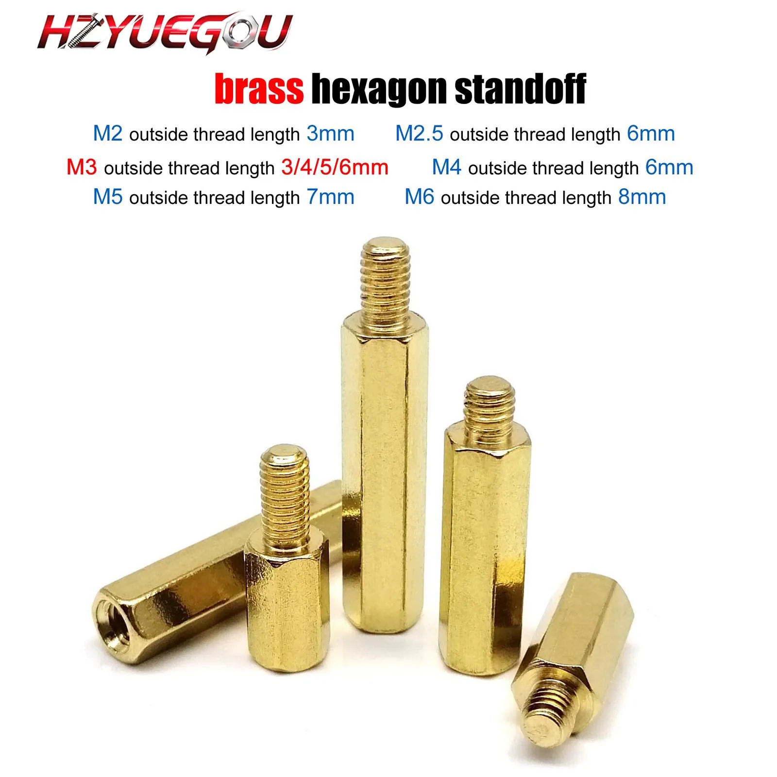 HZYUEGOU M2 M2.5 M3 M4 M5 M6 Messing Kupfer Sechskant-Abstandshalter Säule Männlich-Weiblich Außengewinde Distanzbolzen PCB Motherboard