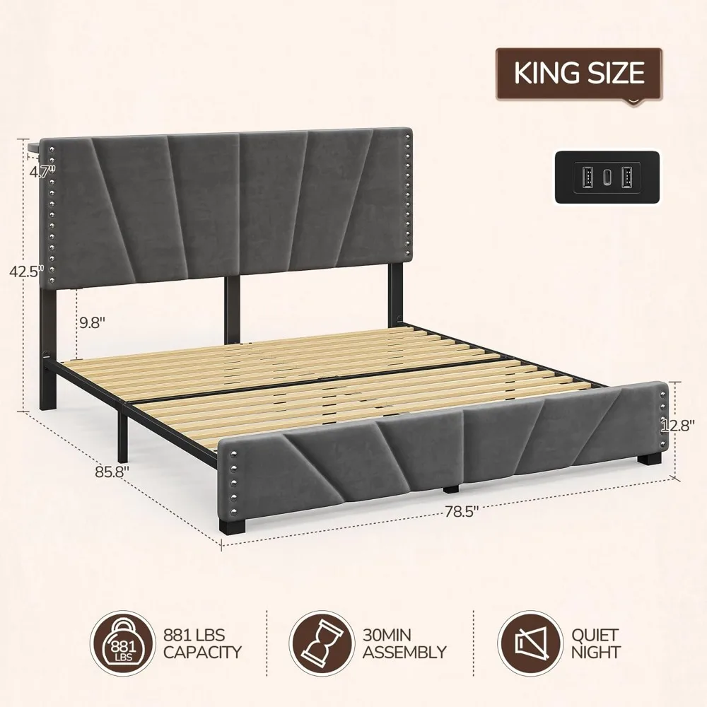 King Size Bed Frame with Velvet Headboard, Platform Bed Featuring Storage Headboard, Charging Station, and LED Lights for Modern 6